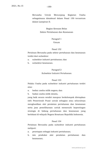 2021, No.15 -100-
Berusaha Untuk Menunjang Kegiatan Usaha
sebagaimana dimaksud dalam Pasal 150 tercantum
dalam Lampiran II.
Bagian Keenam Belas
Sektor Pertahanan dan Keamanan
Paragraf 1
Umum
Pasal 152
Perizinan Berusaha pada sektor pertahanan dan keamanan
terdiri dari subsektor:
a. subsektor industri pertahanan; dan
b. subsektor keamanan.
Paragraf 2
Subsektor Industri Pertahanan
Pasal 153
Pelaku Usaha pada subsektor industri pertahanan terdiri
atas:
a. badan usaha milik negara; dan
b. badan usaha milik swasta,
yang baik secara sendiri maupun berkelompok ditetapkan
oleh Pemerintah Pusat untuk sebagian atau seluruhnya
menghasilkan alat peralatan pertahanan dan keamanan
serta jasa pemeliharaan untuk memenuhi kepentingan
strategis di bidang pertahanan dan keamanan yang
berlokasi di wilayah Negara Kesatuan Republik Indonesia.
Pasal 154
Perizinan Berusaha pada subsektor industri pertahanan
meliputi:
a. penetapan sebagai industri pertahanan;
b. izin produksi alat peralatan pertahanan dan
keamanan;
www.peraturan.go.id
 