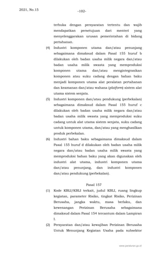 2021, No.15 -102-
terbuka dengan persyaratan tertentu dan wajib
mendapatkan persetujuan dari menteri yang
menyelenggarakan urusan pemerintahan di bidang
pertahanan.
(4) Industri komponen utama dan/atau penunjang
sebagaimana dimaksud dalam Pasal 155 huruf b
dilakukan oleh badan usaha milik negara dan/atau
badan usaha milik swasta yang memproduksi
komponen utama dan/atau mengintegrasikan
komponen atau suku cadang dengan bahan baku
menjadi komponen utama alat peralatan pertahanan
dan keamanan dan/atau wahana (platform) sistem alat
utama sistem senjata.
(5) Industri komponen dan/atau pendukung (perbekalan)
sebagaimana dimaksud dalam Pasal 155 huruf c
dilakukan oleh badan usaha milik negara dan/atau
badan usaha milik swasta yang memproduksi suku
cadang untuk alat utama sistem senjata, suku cadang
untuk komponen utama, dan/atau yang menghasilkan
produk perbekalan.
(6) Industri bahan baku sebagaimana dimaksud dalam
Pasal 155 huruf d dilakukan oleh badan usaha milik
negara dan/atau badan usaha milik swasta yang
memproduksi bahan baku yang akan digunakan oleh
industri alat utama, industri komponen utama
dan/atau penunjang, dan industri komponen
dan/atau pendukung (perbekalan).
Pasal 157
(1) Kode KBLI/KBLI terkait, judul KBLI, ruang lingkup
kegiatan, parameter Risiko, tingkat Risiko, Perizinan
Berusaha, jangka waktu, masa berlaku, dan
kewenangan Perizinan Berusaha sebagaimana
dimaksud dalam Pasal 154 tercantum dalam Lampiran
I.
(2) Persyaratan dan/atau kewajiban Perizinan Berusaha
Untuk Menunjang Kegiatan Usaha pada subsektor
www.peraturan.go.id
 