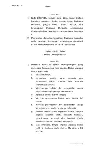 2021, No.15 -106-
Pasal 163
(1) Kode KBLI/KBLI terkait, judul KBLI, ruang lingkup
kegiatan, parameter Risiko, tingkat Risiko, Perizinan
Berusaha, jangka waktu, masa berlaku, dan
kewenangan Perizinan Berusaha sebagaimana
dimaksud dalam Pasal 160 tercantum dalam Lampiran
I.
(2) Persyaratan dan/atau kewajiban Perizinan Berusaha
pada subsektor keamanan sebagaimana dimaksud
dalam Pasal 160 tercantum dalam Lampiran II.
Bagian Ketujuh Belas
Sektor Ketenagakerjaan
Pasal 164
(1) Perizinan Berusaha sektor ketenagakerjaan yang
ditetapkan berdasarkan hasil analisis Risiko kegiatan
usaha terdiri atas:
a. pelatihan kerja;
b. penyediaan sumber daya manusia dan
manajemen fungsi sumber daya manusia
termasuk alih daya;
c. aktivitas penyeleksian dan penempatan tenaga
kerja dalam negeri/tenaga kerja swasta;
d. penyalur pekerja rumah tangga;
e. aktivitas penempatan tenaga kerja daring (job
portal);
f. aktivitas penyeleksian dan penempatan tenaga
kerja luar negeri/pekerja migran Indonesia;
g. reparasi mesin untuk keperluan umum, dengan
lingkup kegiatan usaha meliputi fabrikasi,
pemeliharaan, reparasi, dan instalasi teknik
Keselamatan dan Kesehatan Kerja (K3);
h. jasa sertifikasi, dengan lingkup kegiatan usaha
meliputi lembaga audit Sistem Manajemen K3
(SMK3);
www.peraturan.go.id
 