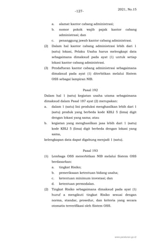 2021, No.15
-127-
a. alamat kantor cabang administrasi;
b. nomor pokok wajib pajak kantor cabang
administrasi; dan
c. penanggung jawab kantor cabang administrasi.
(2) Dalam hal kantor cabang administrasi lebih dari 1
(satu) lokasi, Pelaku Usaha harus melengkapi data
sebagaimana dimaksud pada ayat (1) untuk setiap
lokasi kantor cabang administrasi.
(3) Pendaftaran kantor cabang administrasi sebagaimana
dimaksud pada ayat (1) diterbitkan melalui Sistem
OSS sebagai lampiran NIB.
Pasal 192
Dalam hal 1 (satu) kegiatan usaha utama sebagaimana
dimaksud dalam Pasal 187 ayat (2) merupakan:
a. dalam 1 (satu) lini produksi menghasilkan lebih dari 1
(satu) produk yang berbeda kode KBLI 5 (lima) digit
dengan lokasi yang sama; atau
b. kegiatan yang menghasilkan jasa lebih dari 1 (satu)
kode KBLI 5 (lima) digit berbeda dengan lokasi yang
sama,
kelengkapan data dapat digabung menjadi 1 (satu).
Pasal 193
(1) Lembaga OSS menerbitkan NIB melalui Sistem OSS
berdasarkan:
a. tingkat Risiko;
b. pemeriksaan ketentuan bidang usaha;
c. ketentuan minimum investasi; dan
d. ketentuan permodalan.
(2) Tingkat Risiko sebagaimana dimaksud pada ayat (1)
huruf a mengikuti tingkat Risiko sesuai dengan
norma, standar, prosedur, dan kriteria yang secara
otomatis terverifikasi oleh Sistem OSS.
www.peraturan.go.id
 