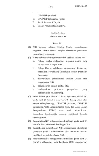 2021, No.15
-139-
d. DPMPTSP provinsi;
e. DPMPTSP kabupaten/kota;
f. Administrator KEK; dan
g. Badan Pengusahaan KPBPB.
Bagian Kelima
Pencabutan NIB
Pasal 212
(1) NIB berlaku selama Pelaku Usaha menjalankan
kegiatan usaha sesuai dengan ketentuan peraturan
perundang-undangan.
(2) NIB dicabut dan dinyatakan tidak berlaku dalam hal:
a. Pelaku Usaha melakukan kegiatan usaha yang
tidak sesuai dengan NIB;
b. Pelaku Usaha melakukan pelanggaran ketentuan
peraturan perundang-undangan terkait Perizinan
Berusaha;
c. disetujuinya permohonan Pelaku Usaha atas
pencabutan NIB;
d. pembubaran badan usaha; atau
e. berdasarkan putusan pengadilan yang
berkekuatan hukum tetap.
(3) Permohonan pencabutan NIB sebagaimana dimaksud
pada ayat (2) huruf a dan huruf b disampaikan oleh
kementerian/lembaga, DPMPTSP provinsi, DPMPTSP
kabupaten/kota, Administrator KEK, dan/atau Badan
Pengusahaan KPBPB atas hasil pemeriksaan
kemudian (post-audit), melalui notifikasi kepada
Lembaga OSS.
(4) Pencabutan NIB sebagaimana dimaksud pada ayat (2)
huruf c dilakukan oleh Lembaga OSS.
(5) Permohonan pencabutan NIB sebagaimana dimaksud
pada ayat (2) huruf d dilakukan oleh likuidator melalui
notifikasi kepada Lembaga OSS.
(6) Pencabutan NIB sebagaimana dimaksud pada ayat (2)
huruf e dilakukan oleh Lembaga OSS berdasarkan
www.peraturan.go.id
 