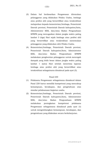 2021, No.15
-151-
(3) Dalam hal berdasarkan Pengawasan ditemukan
pelanggaran yang dilakukan Pelaku Usaha, lembaga
atau profesi ahli yang bersertifikat atau terakreditasi
melaporkan kepada kementerian/lembaga, Pemerintah
Daerah provinsi, Pemerintah Daerah kabupaten/kota,
Administrator KEK, dan/atau Badan Pengusahaan
KPBPB yang menugaskan dalam jangka waktu paling
lambat 3 (tiga) Hari sejak lembaga atau profesi ahli
yang bersertifikat atau terakreditasi menemukan
pelanggaran yang dilakukan oleh Pelaku Usaha.
(4) Kementerian/lembaga, Pemerintah Daerah provinsi,
Pemerintah Daerah kabupaten/kota, Administrator
KEK, dan/atau Badan Pengusahaan KPBPB
melakukan penghentian pelanggaran untuk mencegah
dampak yang lebih besar dalam jangka waktu paling
lambat 1 (satu) Hari setelah menerima laporan
lembaga atau profesi ahli yang bersertifikat atau
terakreditasi sebagaimana dimaksud pada ayat (3).
Pasal 230
(1) Pelaksana Pengawasan sebagaimana dimaksud dalam
Pasal 228 harus memiliki kompetensi yang mencakup
kemampuan, kecakapan, dan pengetahuan atas
standar pelaksanaan kegiatan usaha.
(2) Kementerian/lembaga, Pemerintah Daerah provinsi,
Pemerintah Daerah kabupaten/kota, Administrator
KEK, dan/atau Badan Pengusahaan KPBPB
melakukan peningkatan kompetensi pelaksana
Pengawasan sebagaimana dimaksud pada ayat (1)
untuk mengembangkan kemampuan, kecakapan, dan
pengetahuan yang dilakukan secara berkelanjutan.
www.peraturan.go.id
 