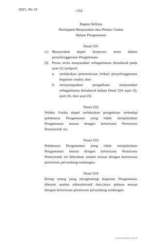 2021, No.15 -152-
Bagian Kelima
Partisipasi Masyarakat dan Pelaku Usaha
Dalam Pengawasan
Pasal 231
(1) Masyarakat dapat berperan serta dalam
penyelenggaraan Pengawasan.
(2) Peran serta masyarakat sebagaimana dimaksud pada
ayat (1) meliputi:
a. melakukan pemantauan terkait penyelenggaraan
kegiatan usaha; dan
b. menyampaikan pengaduan masyarakat
sebagaimana dimaksud dalam Pasal 224 ayat (3),
ayat (4), dan ayat (5).
Pasal 232
Pelaku Usaha dapat melakukan pengaduan terhadap
pelaksana Pengawasan yang tidak menjalankan
Pengawasan sesuai dengan ketentuan Peraturan
Pemerintah ini.
Pasal 233
Pelaksana Pengawasan yang tidak menjalankan
Pengawasan sesuai dengan ketentuan Peraturan
Pemerintah ini diberikan sanksi sesuai dengan ketentuan
peraturan perundang-undangan.
Pasal 234
Setiap orang yang menghalangi kegiatan Pengawasan
dikenai sanksi administratif dan/atau pidana sesuai
dengan ketentuan peraturan perundang-undangan.
www.peraturan.go.id
 