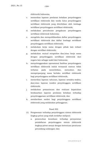 2021, No.15 -184-
elektronik Indonesia;
c. memeriksa laporan penilaian kelaikan penyelenggara
sertifikasi elektronik dan tanda lulus penyelenggara
sertifikasi elektronik yang diterbitkan oleh lembaga
sertifikasi penyelenggara sertifikasi elektronik;
d. melakukan pencabutan pengakuan penyelenggara
sertifikasi elektronik Indonesia;
e. mengelola dan mempublikasikan daftar penyelenggara
sertifikasi elektronik dan daftar lembaga sertifikasi
penyelenggara sertifikasi elektronik;
f. melakukan kerja sama dengan pihak lain terkait
dengan sertifikat elektronik;
g. melakukan mutual recognition dan/atau kerja sama
dengan penyelenggara sertifikasi elektronik dari
negara lain sebagai wakil dari Indonesia;
h. menyelenggarakan operasional fasilitas penyelenggara
sertifikasi elektronik induk termasuk namun tidak
terbatas pada menerbitkan, mencabut, dan
memperpanjang masa berlaku sertifikat elektronik
bagi penyelenggara sertifikasi elektronik;
i. memeriksa laporan tahunan, laporan sewaktu-waktu,
dan/atau laporan insiden penyelenggara sertifikasi
elektronik;
j. melakukan pemantauan dan evaluasi kepatuhan
berdasarkan laporan penilaian kelaikan terhadap
penyelenggaraan sertifikasi elektronik; dan
k. memberikan sanksi bagi penyelenggara sertifikasi
elektronik yang melakukan pelanggaran.
Pasal 302
(1) Pengawasan terhadap penyelenggara sistem elektronik
lingkup privat yang telah terdaftar meliputi:
a. pemenuhan kesediaan terhadap persyaratan
pendaftaran penyelenggara sistem elektronik
lingkup privat sesuai dengan ketentuan peraturan
perundang-undangan; dan
www.peraturan.go.id
 