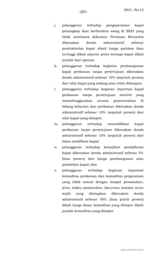 2021, No.15
-201-
j. pelanggaran terhadap pengoperasian kapal
penangkap ikan berbendera asing di ZEEI yang
tidak membawa dokumen Perizinan Berusaha
dikenakan denda administratif sebesar
produktivitas kapal dikali harga patokan ikan
tertinggi dikali ukuran gross tonnage kapal dikali
jumlah hari operasi;
k. pelanggaran terhadap kegiatan pembangunan
kapal perikanan tanpa persetujuan dikenakan
denda administratif sebesar 10% (sepuluh persen)
dari nilai kapal yang sedang atau telah dibangun;
l. pelanggaran terhadap kegiatan importasi kapal
perikanan tanpa persetujuan menteri yang
menyelenggarakan urusan pemerintahan di
bidang kelautan dan perikanan dikenakan denda
administratif sebesar 10% (sepuluh persen) dari
nilai kapal yang diimpor;
m. pelanggaran terhadap memodifikasi kapal
perikanan tanpa persetujuan dikenakan denda
administratif sebesar 10% (sepuluh persen) dari
biaya modifikasi kapal;
n. pelanggaran terhadap kewajiban pendaftaran
kapal dikenakan denda administratif sebesar 5%
(lima persen) dari harga pembangunan atau
pembelian kapal; dan
o. pelanggaran terhadap kegiatan importasi
komoditas perikanan dan komoditas pergaraman
yang tidak sesuai dengan tempat pemasukan,
jenis, waktu pemasukan, dan/atau standar mutu
wajib yang ditetapkan dikenakan denda
administratif sebesar 50% (lima puluh persen)
dikali harga dasar komoditas yang diimpor dikali
jumlah komoditas yang diimpor.
www.peraturan.go.id
 
