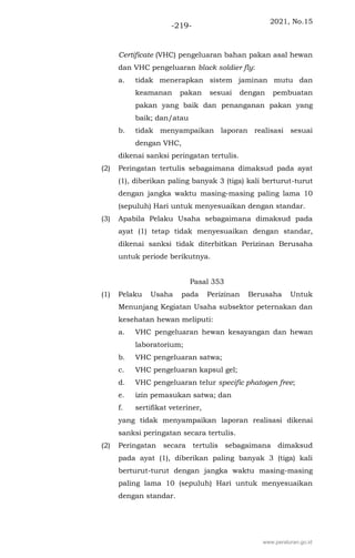 2021, No.15
-219-
Certificate (VHC) pengeluaran bahan pakan asal hewan
dan VHC pengeluaran black soldier fly:
a. tidak menerapkan sistem jaminan mutu dan
keamanan pakan sesuai dengan pembuatan
pakan yang baik dan penanganan pakan yang
baik; dan/atau
b. tidak menyampaikan laporan realisasi sesuai
dengan VHC,
dikenai sanksi peringatan tertulis.
(2) Peringatan tertulis sebagaimana dimaksud pada ayat
(1), diberikan paling banyak 3 (tiga) kali berturut-turut
dengan jangka waktu masing-masing paling lama 10
(sepuluh) Hari untuk menyesuaikan dengan standar.
(3) Apabila Pelaku Usaha sebagaimana dimaksud pada
ayat (1) tetap tidak menyesuaikan dengan standar,
dikenai sanksi tidak diterbitkan Perizinan Berusaha
untuk periode berikutnya.
Pasal 353
(1) Pelaku Usaha pada Perizinan Berusaha Untuk
Menunjang Kegiatan Usaha subsektor peternakan dan
kesehatan hewan meliputi:
a. VHC pengeluaran hewan kesayangan dan hewan
laboratorium;
b. VHC pengeluaran satwa;
c. VHC pengeluaran kapsul gel;
d. VHC pengeluaran telur specific phatogen free;
e. izin pemasukan satwa; dan
f. sertifikat veteriner,
yang tidak menyampaikan laporan realisasi dikenai
sanksi peringatan secara tertulis.
(2) Peringatan secara tertulis sebagaimana dimaksud
pada ayat (1), diberikan paling banyak 3 (tiga) kali
berturut-turut dengan jangka waktu masing-masing
paling lama 10 (sepuluh) Hari untuk menyesuaikan
dengan standar.
www.peraturan.go.id
 