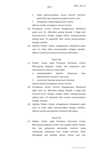 2021, No.15
-221-
e. tidak mencantumkan nomor kontrol veteriner
pada label dan kemasan produk hewan; atau
f. mengubah ruang lingkup jenis usaha,
dikenai sanksi peringatan secara tertulis.
(2) Peringatan secara tertulis sebagaimana dimaksud
pada ayat (1), diberikan paling banyak 3 (tiga) kali
berturut-turut dengan jangka waktu masing-masing
paling lama 10 (sepuluh) Hari untuk menyesuaikan
dengan standar.
(3) Apabila Pelaku Usaha sebagaimana dimaksud pada
ayat (1) tetap tidak menyesuaikan dengan standar,
dikenai sanksi pencabutan Perizinan Berusaha.
Pasal 356
(1) Pelaku Usaha pada Perizinan Berusaha Untuk
Menunjang Kegiatan Usaha izin pelayanan jasa
laboratorium veteriner yang tidak:
a. menyampaikan laporan pelayanan jasa
laboratorium veteriner; dan/atau
b. memenuhi standar pelayanan minimal,
dikenai sanksi peringatan secara tertulis.
(2) Peringatan secara tertulis sebagaimana dimaksud
pada ayat (1), diberikan paling banyak 3 (tiga) kali
berturut-turut dengan jangka waktu masing-masing
paling lama 10 (sepuluh) Hari untuk menyesuaikan
dengan standar.
(3) Apabila Pelaku Usaha sebagaimana dimaksud pada
ayat (1) tetap tidak menyesuaikan dengan standar,
dikenai sanksi pencabutan Perizinan Berusaha.
Pasal 357
(1) Pelaku Usaha pada Perizinan Berusaha Untuk
Menunjang Kegiatan Usaha izin praktik dokter hewan
dan izin pelayanan paramedik veteriner yang
melakukan pelayanan jasa medik veteriner tidak
dilengkapi izin praktik dokter hewan dan izin
www.peraturan.go.id
 
