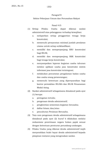 2021, No.15 -252-
Paragraf 8
Sektor Pekerjaan Umum dan Perumahan Rakyat
Pasal 415
(1) Setiap Pelaku Usaha dapat dikenai sanksi
administratif atas pelanggaran terhadap kewajiban:
a. melaporkan setiap penggantian tenaga kerja
konstruksi;
b. memenuhi persyaratan minimal jumlah peralatan
utama untuk setiap subklasifikasi;
c. memiliki dan memperpanjang SBU konstruksi
bagi BUJK;
d. memiliki dan memperpanjang SKK konstruksi
bagi tenaga kerja konstruksi;
e. menyampaikan laporan kegiatan usaha tahunan
melalui aplikasi usaha jasa konstruksi sistem
informasi jasa konstruksi terintegrasi;
f. melakukan pencatatan pengalaman badan usaha
dan usaha orang perseorangan;
g. memenuhi ketentuan yang dipersyaratkan bagi
kantor perwakilan BUJKA dan BUJK Penanaman
Modal Asing.
(2) Sanksi administratif sebagaimana dimaksud pada ayat
(1) berupa:
a. peringatan tertulis;
b. pengenaan denda administratif;
c. penghentian sementara kegiatan berusaha;
d. daftar hitam; dan/atau
e. pencabutan Perizinan Berusaha.
(3) Tata cara pengenaan denda administratif sebagaimana
dimaksud pada ayat (2) huruf b dilakukan melalui
mekanisme penerimaan negara bukan pajak sesuai
dengan ketentuan peraturan perundang-undangan.
(4) Pelaku Usaha yang dikenai denda administratif wajib
menyerahkan bukti bayar denda administratif kepada
pimpinan instansi yang mengenakan sanksi.
www.peraturan.go.id
 