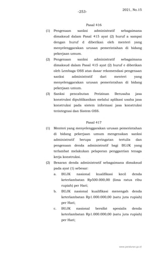 2021, No.15
-253-
Pasal 416
(1) Pengenaan sanksi administratif sebagaimana
dimaksud dalam Pasal 415 ayat (2) huruf a sampai
dengan huruf d diberikan oleh menteri yang
menyelenggarakan urusan pemerintahan di bidang
pekerjaan umum.
(2) Pengenaan sanksi administratif sebagaimana
dimaksud dalam Pasal 415 ayat (2) huruf e diberikan
oleh Lembaga OSS atas dasar rekomendasi pengenaan
sanksi administratif dari menteri yang
menyelenggarakan urusan pemerintahan di bidang
pekerjaan umum.
(3) Sanksi pencabutan Perizinan Berusaha jasa
konstruksi dipublikasikan melalui aplikasi usaha jasa
konstruksi pada sistem informasi jasa konstruksi
terintegrasi dan Sistem OSS.
Pasal 417
(1) Menteri yang menyelenggarakan urusan pemerintahan
di bidang pekerjaan umum mengenakan sanksi
administratif berupa peringatan tertulis dan
pengenaan denda administratif bagi BUJK yang
terlambat melakukan pelaporan penggantian tenaga
kerja konstruksi.
(2) Besaran denda administratif sebagaimana dimaksud
pada ayat (1) sebesar:
a. BUJK nasional kualifikasi kecil denda
keterlambatan Rp500.000,00 (lima ratus ribu
rupiah) per Hari;
b. BUJK nasional kualifikasi menengah denda
keterlambatan Rp1.000.000,00 (satu juta rupiah)
per Hari;
c. BUJK nasional bersifat spesialis denda
keterlambatan Rp1.000.000,00 (satu juta rupiah)
per Hari;
www.peraturan.go.id
 
