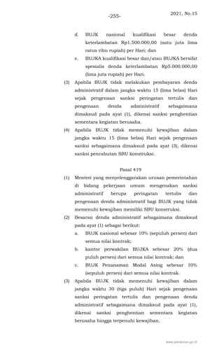 2021, No.15
-255-
d. BUJK nasional kualifikasi besar denda
keterlambatan Rp1.500.000,00 (satu juta lima
ratus ribu rupiah) per Hari; dan
e. BUJKA kualifikasi besar dan/atau BUJKA bersifat
spesialis denda keterlambatan Rp5.000.000,00
(lima juta rupiah) per Hari.
(3) Apabila BUJK tidak melakukan pembayaran denda
administratif dalam jangka waktu 15 (lima belas) Hari
sejak pengenaan sanksi peringatan tertulis dan
pengenaan denda administratif sebagaimana
dimaksud pada ayat (1), dikenai sanksi penghentian
sementara kegiatan berusaha.
(4) Apabila BUJK tidak memenuhi kewajiban dalam
jangka waktu 15 (lima belas) Hari sejak pengenaan
sanksi sebagaimana dimaksud pada ayat (3), dikenai
sanksi pencabutan SBU konstruksi.
Pasal 419
(1) Menteri yang menyelenggarakan urusan pemerintahan
di bidang pekerjaan umum mengenakan sanksi
administratif berupa peringatan tertulis dan
pengenaan denda administratif bagi BUJK yang tidak
memenuhi kewajiban memiliki SBU konstruksi.
(2) Besaran denda administratif sebagaimana dimaksud
pada ayat (1) sebagai berikut:
a. BUJK nasional sebesar 10% (sepuluh persen) dari
semua nilai kontrak;
b. kantor perwakilan BUJKA sebesar 20% (dua
puluh persen) dari semua nilai kontrak; dan
c. BUJK Penanaman Modal Asing sebesar 10%
(sepuluh persen) dari semua nilai kontrak.
(3) Apabila BUJK tidak memenuhi kewajiban dalam
jangka waktu 30 (tiga puluh) Hari sejak pengenaan
sanksi peringatan tertulis dan pengenaan denda
administratif sebagaimana dimaksud pada ayat (1),
dikenai sanksi penghentian sementara kegiatan
berusaha hingga terpenuhi kewajiban.
www.peraturan.go.id
 