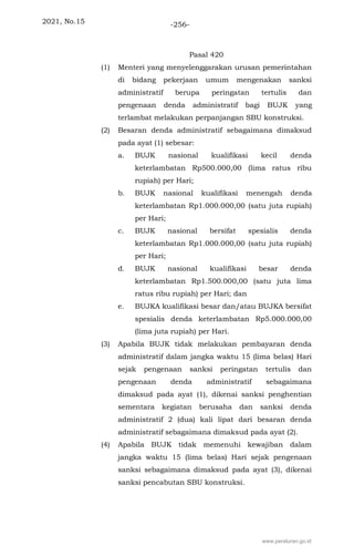 2021, No.15 -256-
Pasal 420
(1) Menteri yang menyelenggarakan urusan pemerintahan
di bidang pekerjaan umum mengenakan sanksi
administratif berupa peringatan tertulis dan
pengenaan denda administratif bagi BUJK yang
terlambat melakukan perpanjangan SBU konstruksi.
(2) Besaran denda administratif sebagaimana dimaksud
pada ayat (1) sebesar:
a. BUJK nasional kualifikasi kecil denda
keterlambatan Rp500.000,00 (lima ratus ribu
rupiah) per Hari;
b. BUJK nasional kualifikasi menengah denda
keterlambatan Rp1.000.000,00 (satu juta rupiah)
per Hari;
c. BUJK nasional bersifat spesialis denda
keterlambatan Rp1.000.000,00 (satu juta rupiah)
per Hari;
d. BUJK nasional kualifikasi besar denda
keterlambatan Rp1.500.000,00 (satu juta lima
ratus ribu rupiah) per Hari; dan
e. BUJKA kualifikasi besar dan/atau BUJKA bersifat
spesialis denda keterlambatan Rp5.000.000,00
(lima juta rupiah) per Hari.
(3) Apabila BUJK tidak melakukan pembayaran denda
administratif dalam jangka waktu 15 (lima belas) Hari
sejak pengenaan sanksi peringatan tertulis dan
pengenaan denda administratif sebagaimana
dimaksud pada ayat (1), dikenai sanksi penghentian
sementara kegiatan berusaha dan sanksi denda
administratif 2 (dua) kali lipat dari besaran denda
administratif sebagaimana dimaksud pada ayat (2).
(4) Apabila BUJK tidak memenuhi kewajiban dalam
jangka waktu 15 (lima belas) Hari sejak pengenaan
sanksi sebagaimana dimaksud pada ayat (3), dikenai
sanksi pencabutan SBU konstruksi.
www.peraturan.go.id
 