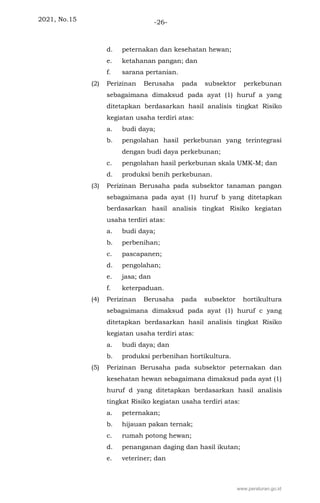 2021, No.15 -26-
d. peternakan dan kesehatan hewan;
e. ketahanan pangan; dan
f. sarana pertanian.
(2) Perizinan Berusaha pada subsektor perkebunan
sebagaimana dimaksud pada ayat (1) huruf a yang
ditetapkan berdasarkan hasil analisis tingkat Risiko
kegiatan usaha terdiri atas:
a. budi daya;
b. pengolahan hasil perkebunan yang terintegrasi
dengan budi daya perkebunan;
c. pengolahan hasil perkebunan skala UMK-M; dan
d. produksi benih perkebunan.
(3) Perizinan Berusaha pada subsektor tanaman pangan
sebagaimana pada ayat (1) huruf b yang ditetapkan
berdasarkan hasil analisis tingkat Risiko kegiatan
usaha terdiri atas:
a. budi daya;
b. perbenihan;
c. pascapanen;
d. pengolahan;
e. jasa; dan
f. keterpaduan.
(4) Perizinan Berusaha pada subsektor hortikultura
sebagaimana dimaksud pada ayat (1) huruf c yang
ditetapkan berdasarkan hasil analisis tingkat Risiko
kegiatan usaha terdiri atas:
a. budi daya; dan
b. produksi perbenihan hortikultura.
(5) Perizinan Berusaha pada subsektor peternakan dan
kesehatan hewan sebagaimana dimaksud pada ayat (1)
huruf d yang ditetapkan berdasarkan hasil analisis
tingkat Risiko kegiatan usaha terdiri atas:
a. peternakan;
b. hijauan pakan ternak;
c. rumah potong hewan;
d. penanganan daging dan hasil ikutan;
e. veteriner; dan
www.peraturan.go.id
 