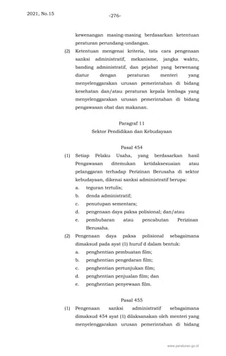 2021, No.15 -276-
kewenangan masing-masing berdasarkan ketentuan
peraturan perundang-undangan.
(2) Ketentuan mengenai kriteria, tata cara pengenaan
sanksi administratif, mekanisme, jangka waktu,
banding administratif, dan pejabat yang berwenang
diatur dengan peraturan menteri yang
menyelenggarakan urusan pemerintahan di bidang
kesehatan dan/atau peraturan kepala lembaga yang
menyelenggarakan urusan pemerintahan di bidang
pengawasan obat dan makanan.
Paragraf 11
Sektor Pendidikan dan Kebudayaan
Pasal 454
(1) Setiap Pelaku Usaha, yang berdasarkan hasil
Pengawasan ditemukan ketidaksesuaian atau
pelanggaran terhadap Perizinan Berusaha di sektor
kebudayaan, dikenai sanksi administratif berupa:
a. teguran tertulis;
b. denda administratif;
c. penutupan sementara;
d. pengenaan daya paksa polisional; dan/atau
e. pembubaran atau pencabutan Perizinan
Berusaha.
(2) Pengenaan daya paksa polisional sebagaimana
dimaksud pada ayat (1) huruf d dalam bentuk:
a. penghentian pembuatan film;
b. penghentian pengedaran film;
c. penghentian pertunjukan film;
d. penghentian penjualan film; dan
e. penghentian penyewaan film.
Pasal 455
(1) Pengenaan sanksi administratif sebagaimana
dimaksud 454 ayat (1) dilaksanakan oleh menteri yang
menyelenggarakan urusan pemerintahan di bidang
www.peraturan.go.id
 