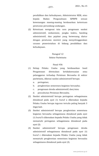 2021, No.15
-277-
pendidikan dan kebudayaan, Administrator KEK, atau
kepala Badan Pengusahaan KPBPB sesuai
kewenangan masing-masing berdasarkan ketentuan
peraturan perundang-undangan.
(2) Ketentuan mengenai tata cara pengenaan sanksi
administratif, mekanisme, jangka waktu, banding
administratif, dan pejabat yang berwenang diatur
dengan peraturan menteri yang menyelenggarakan
urusan pemerintahan di bidang pendidikan dan
kebudayaan.
Paragraf 12
Sektor Pariwisata
Pasal 456
(1) Setiap Pelaku Usaha yang berdasarkan hasil
Pengawasan ditemukan ketidaksesuaian atau
pelanggaran terhadap Perizinan Berusaha di sektor
pariwisata, dikenai sanksi administratif berupa:
a. peringatan;
b. penghentian sementara kegiatan berusaha;
c. pengenaan denda administratif; dan/atau
d. pencabutan Perizinan Berusaha.
(2) Sanksi administratif berupa peringatan sebagaimana
dimaksud pada ayat (1) huruf a dikenakan kepada
Pelaku Usaha berupa teguran tertulis paling banyak 3
(tiga) kali.
(3) Sanksi administratif berupa penghentian sementara
kegiatan berusaha sebagaimana dimaksud pada ayat
(1) huruf b dikenakan kepada Pelaku Usaha yang tidak
mematuhi peringatan sebagaimana dimaksud pada
ayat (2).
(4) Sanksi administratif berupa pengenaan denda
administratif sebagaimana dimaksud pada ayat (1)
huruf c dikenakan kepada Pelaku Usaha yang tidak
mematuhi penghentian sementara kegiatan berusaha
sebagaimana dimaksud pada ayat (3).
www.peraturan.go.id
 