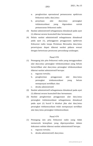 2021, No.15
-293-
a. penghentian operasional pemancaran spektrum
frekuensi radio; dan/atau
b. penyitaan alat dan/atau perangkat
telekomunikasi yang digunakan untuk
pemancaran frekuensi radio.
(3) Sanksi administratif sebagaimana dimaksud pada ayat
(1) dikenai secara kumulatif dan bersamaan.
(4) Selain sanksi administratif sebagaimana dimaksud
pada ayat (1), pelanggaran penggunaan spektrum
frekuensi radio tanpa Perizinan Berusaha dan/atau
persetujuan dapat dikenai sanksi pidana sesuai
dengan ketentuan peraturan perundang-undangan.
Pasal 478
(1) Pemegang izin pita frekuensi radio yang menggunakan
alat dan/atau perangkat telekomunikasi yang belum
bersertifikat alat dan/atau perangkat telekomunikasi
dikenai sanksi administratif berupa:
a. teguran tertulis;
b. penghentian penggunaan alat dan/atau
perangkat telekomunikasi yang belum
mempunyai sertifikat; dan
c. denda administratif.
(2) Sanksi administratif sebagaimana dimaksud pada ayat
(1) dikenai secara kumulatif dan bersamaan.
(3) Sanksi penghentian penggunaan alat dan/atau
perangkat telekomunikasi sebagaimana dimaksud
pada ayat (1) huruf b dicabut jika alat dan/atau
perangkat telekomunikasi telah mempunyai sertifikat
alat dan/atau perangkat telekomunikasi.
Pasal 479
(1) Pemegang izin pita frekuensi radio yang tidak
memenuhi kewajiban yang dipersyaratkan dalam
dokumen seleksi dikenai sanksi administratif berupa:
a. teguran tertulis;
b. denda administratif; dan/atau
www.peraturan.go.id
 