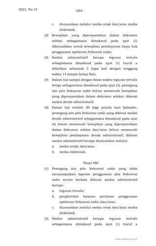 2021, No.15 -294-
c. diumumkan melalui media cetak dan/atau media
elektronik.
(2) Kewajiban yang dipersyaratkan dalam dokumen
seleksi sebagaimana dimaksud pada ayat (1)
dikecualikan untuk kewajiban pembayaran biaya hak
penggunaan spektrum frekuensi radio.
(3) Sanksi administratif berupa teguran tertulis
sebagaimana dimaksud pada ayat (1) huruf a
diberikan sebanyak 3 (tiga) kali dengan tenggang
waktu 14 (empat belas) Hari.
(4) Dalam hal sampai dengan batas waktu teguran tertulis
ketiga sebagaimana dimaksud pada ayat (3), pemegang
izin pita frekuensi radio belum memenuhi kewajiban
yang dipersyaratkan dalam dokumen seleksi, dikenai
sanksi denda administratif.
(5) Dalam hal setelah 30 (tiga puluh) hari kalender,
pemegang izin pita frekuensi radio yang dikenai sanksi
denda administratif sebagaimana dimaksud pada ayat
(4) belum memenuhi kewajiban yang dipersyaratkan
dalam dokumen seleksi dan/atau belum memenuhi
kewajiban pembayaran denda administratif, dikenai
sanksi administratif berupa diumumkan melalui:
a. media cetak; dan/atau
b. media elektronik.
Pasal 480
(1) Pemegang izin pita frekuensi radio yang tidak
menyampaikan laporan penggunaan pita frekuensi
radio secara berkala dikenai sanksi administratif
berupa:
a. teguran tertulis;
b. penghentian layanan perizinan penggunaan
spektrum frekuensi radio; dan/atau
c. diumumkan melalui media cetak dan/atau media
elektronik.
(2) Sanksi administratif berupa teguran tertulis
sebagaimana dimaksud pada ayat (1) huruf a
www.peraturan.go.id
 