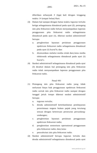 2021, No.15
-295-
diberikan sebanyak 3 (tiga) kali dengan tenggang
waktu 14 (empat belas) Hari.
(3) Dalam hal sampai dengan batas waktu teguran tertulis
ketiga sebagaimana dimaksud pada ayat (2), pemegang
izin pita frekuensi radio belum menyampaikan laporan
penggunaan pita frekuensi radio sebagaimana
dimaksud pada ayat (1), dikenai sanksi administratif
berupa:
a. penghentian layanan perizinan penggunaan
spektrum frekuensi radio sebagaimana dimaksud
pada ayat (1) huruf b; dan
b. diumumkan melalui media cetak dan/atau media
elektronik sebagaimana dimaksud pada ayat (1)
huruf c.
(4) Sanksi administratif sebagaimana dimaksud pada ayat
(3) dicabut dalam hal pemegang izin pita frekuensi
radio telah menyampaikan laporan penggunaan pita
frekuensi radio.
Pasal 481
(1) Pemegang izin pita frekuensi radio yang tidak
melunasi biaya hak penggunaan spektrum frekuensi
radio untuk izin pita frekuensi radio sampai dengan
tanggal jatuh tempo dikenai sanksi administratif
berupa:
a. teguran tertulis;
b. denda administratif keterlambatan pembayaran
penerimaan negara bukan pajak yang terutang
sesuai dengan ketentuan peraturan perundang-
undangan;
c. penghentian layanan perizinan penggunaan
spektrum frekuensi radio;
d. penghentian sementara operasional penggunaan
pita frekuensi radio; dan/atau
e. pencabutan izin pita frekuensi radio.
(2) Sanksi administratif berupa teguran tertulis dan
denda administratif sebagaimana dimaksud pada ayat
www.peraturan.go.id
 