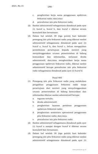 2021, No.15 -298-
c. penghentian kerja sama penggunaan spektrum
frekuensi radio; dan/atau
d. pencabutan izin pita frekuensi radio.
(2) Sanksi administratif sebagaimana dimaksud pada ayat
(1) huruf a, huruf b, dan huruf c dikenai secara
kumulatif dan bersamaan.
(3) Dalam hal setelah 30 (tiga puluh) hari kalender
pemegang izin pita frekuensi radio yang dikenai sanksi
administratif sebagaimana dimaksud pada ayat (1)
huruf a, huruf b, dan huruf c, belum mengajukan
permohonan persetujuan kepada menteri yang
menyelenggarakan urusan pemerintahan di bidang
komunikasi dan informatika, melunasi denda
administratif, dan/atau menghentikan kerja sama
penggunaan spektrum frekuensi radio, dikenai sanksi
administratif berupa pencabutan izin pita frekuensi
radio sebagaimana dimaksud pada ayat (1) huruf d.
Pasal 485
(1) Pemegang izin pita frekuensi radio yang melakukan
pengalihan penggunaan frekuensi radio tanpa
persetujuan dari menteri yang menyelenggarakan
urusan pemerintahan di bidang komunikasi dan
informatika dikenai sanksi administratif berupa:
a. teguran tertulis;
b. denda administratif;
c. penghentian layanan perizinan penggunaan
spektrum frekuensi radio;
d. penghentian sementara operasional penggunaan
pita frekuensi radio; dan/atau
e. pencabutan izin pita frekuensi radio.
(2) Sanksi administratif sebagaimana dimaksud pada ayat
(1) huruf a sampai dengan huruf d dikenai secara
kumulatif dan bersamaan.
(3) Dalam hal setelah 30 (tiga puluh) hari kalender
pemegang izin pita frekuensi radio yang dikenai sanksi
administratif sebagaimana dimaksud pada ayat (1)
www.peraturan.go.id
 