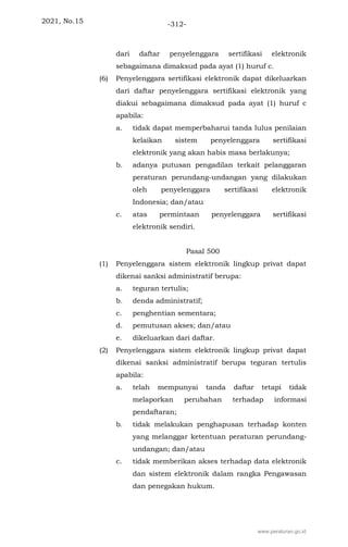 2021, No.15 -312-
dari daftar penyelenggara sertifikasi elektronik
sebagaimana dimaksud pada ayat (1) huruf c.
(6) Penyelenggara sertifikasi elektronik dapat dikeluarkan
dari daftar penyelenggara sertifikasi elektronik yang
diakui sebagaimana dimaksud pada ayat (1) huruf c
apabila:
a. tidak dapat memperbaharui tanda lulus penilaian
kelaikan sistem penyelenggara sertifikasi
elektronik yang akan habis masa berlakunya;
b. adanya putusan pengadilan terkait pelanggaran
peraturan perundang-undangan yang dilakukan
oleh penyelenggara sertifikasi elektronik
Indonesia; dan/atau
c. atas permintaan penyelenggara sertifikasi
elektronik sendiri.
Pasal 500
(1) Penyelenggara sistem elektronik lingkup privat dapat
dikenai sanksi administratif berupa:
a. teguran tertulis;
b. denda administratif;
c. penghentian sementara;
d. pemutusan akses; dan/atau
e. dikeluarkan dari daftar.
(2) Penyelenggara sistem elektronik lingkup privat dapat
dikenai sanksi administratif berupa teguran tertulis
apabila:
a. telah mempunyai tanda daftar tetapi tidak
melaporkan perubahan terhadap informasi
pendaftaran;
b. tidak melakukan penghapusan terhadap konten
yang melanggar ketentuan peraturan perundang-
undangan; dan/atau
c. tidak memberikan akses terhadap data elektronik
dan sistem elektronik dalam rangka Pengawasan
dan penegakan hukum.
www.peraturan.go.id
 