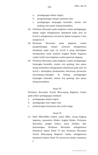 2021, No.15
-55-
a. perdagangan dalam negeri;
b. pengembangan ekspor nasional; dan
c. perdagangan berjangka komoditi, sistem resi
gudang, dan pasar lelang komoditas.
(2) Perizinan Berusaha pada kegiatan usaha perdagangan
dalam negeri sebagaimana dimaksud pada ayat (1)
huruf a sebagaimana tercantum dalam Lampiran I dan
Lampiran II.
(3) Perizinan Berusaha pada kegiatan usaha
pengembangan ekspor nasional sebagaimana
dimaksud pada ayat (1) huruf b yang ditetapkan
berdasarkan hasil analisis tingkat Risiko kegiatan
usaha terdiri atas kegiatan usaha pameran dagang.
(4) Perizinan Berusaha pada kegiatan usaha perdagangan
berjangka komoditi, sistem resi gudang, dan pasar
lelang komoditas sebagaimana dimaksud pada ayat (1)
huruf c ditetapkan berdasarkan ketentuan peraturan
perundang-undangan di bidang perdagangan
berjangka komoditi, sistem resi gudang, dan pasar
lelang komoditas.
Pasal 78
Perizinan Berusaha Untuk Menunjang Kegiatan Usaha
pada sektor perdagangan meliputi:
a. perdagangan dalam negeri;
b. perdagangan luar negeri; dan
c. perlindungan konsumen dan tertib niaga.
Pasal 79
(1) Kode KBLI/KBLI terkait, judul KBLI, ruang lingkup
kegiatan, parameter Risiko, tingkat Risiko, Perizinan
Berusaha, jangka waktu, masa berlaku, dan
kewenangan Perizinan Berusaha sebagaimana
dimaksud dalam Pasal 77 dan Perizinan Berusaha
Untuk Menunjang Kegiatan Usaha sebagaimana
dimaksud dalam Pasal 78 tercantum dalam Lampiran
I.
www.peraturan.go.id
 