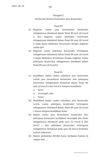 2021, No.15 -58-
Paragraf 2
Norma dan Kriteria Subsektor Jasa Konstruksi
Pasal 83
(1) Kegiatan usaha jasa konsultansi konstruksi
sebagaimana dimaksud dalam Pasal 80 ayat (2) huruf
a dan kegiatan usaha pekerjaan konstruksi
sebagaimana dimaksud dalam Pasal 80 ayat (2) huruf
b tidak dapat dilakukan bersamaan dengan kegiatan
usaha lain.
(2) Kegiatan usaha pekerjaan konstruksi terintegrasi
sebagaimana dimaksud dalam Pasal 80 ayat (2) huruf
c dapat dilakukan bersamaan dengan kegiatan usaha
pekerjaan konstruksi sebagaimana dimaksud dalam
Pasal 80 ayat (2) huruf b.
Pasal 84
(1) Kualifikasi badan usaha subsektor jasa konstruksi
untuk jasa konsultansi konstruksi dan pekerjaan
konstruksi sebagaimana dimaksud dalam Pasal 80
ayat (2) huruf a dan huruf b meliputi kualifikasi:
a. kecil;
b. menengah; dan
c. besar.
(2) Kualifikasi badan usaha subsektor jasa konstruksi
untuk usaha pekerjaan konstruksi terintegrasi
sebagaimana dimaksud dalam Pasal 80 ayat (2) huruf
c hanya meliputi kualifikasi besar.
(3) Badan usaha jasa konsultansi konstruksi dan
pekerjaan konstruksi kualifikasi menengah dan besar
sebagaimana dimaksud pada ayat (1) huruf b dan
huruf c dan pekerjaan konstruksi terintegrasi
sebagaimana dimaksud pada ayat (2) harus berbadan
hukum Indonesia.
(4) Kantor perwakilan BUJKA harus berbadan hukum di
negara asal.
www.peraturan.go.id
 