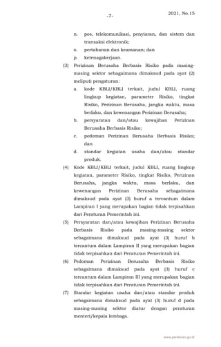 2021, No.15
-7-
n. pos, telekomunikasi, penyiaran, dan sistem dan
transaksi elektronik;
o. pertahanan dan keamanan; dan
p. ketenagakerjaan.
(3) Perizinan Berusaha Berbasis Risiko pada masing-
masing sektor sebagaimana dimaksud pada ayat (2)
meliputi pengaturan:
a. kode KBLI/KBLI terkait, judul KBLI, ruang
lingkup kegiatan, parameter Risiko, tingkat
Risiko, Perizinan Berusaha, jangka waktu, masa
berlaku, dan kewenangan Perizinan Berusaha;
b. persyaratan dan/atau kewajiban Perizinan
Berusaha Berbasis Risiko;
c. pedoman Perizinan Berusaha Berbasis Risiko;
dan
d. standar kegiatan usaha dan/atau standar
produk.
(4) Kode KBLI/KBLI terkait, judul KBLI, ruang lingkup
kegiatan, parameter Risiko, tingkat Risiko, Perizinan
Berusaha, jangka waktu, masa berlaku, dan
kewenangan Perizinan Berusaha sebagaimana
dimaksud pada ayat (3) huruf a tercantum dalam
Lampiran I yang merupakan bagian tidak terpisahkan
dari Peraturan Pemerintah ini.
(5) Persyaratan dan/atau kewajiban Perizinan Berusaha
Berbasis Risiko pada masing-masing sektor
sebagaimana dimaksud pada ayat (3) huruf b
tercantum dalam Lampiran II yang merupakan bagian
tidak terpisahkan dari Peraturan Pemerintah ini.
(6) Pedoman Perizinan Berusaha Berbasis Risiko
sebagaimana dimaksud pada ayat (3) huruf c
tercantum dalam Lampiran III yang merupakan bagian
tidak terpisahkan dari Peraturan Pemerintah ini.
(7) Standar kegiatan usaha dan/atau standar produk
sebagaimana dimaksud pada ayat (3) huruf d pada
masing-masing sektor diatur dengan peraturan
menteri/kepala lembaga.
www.peraturan.go.id
 