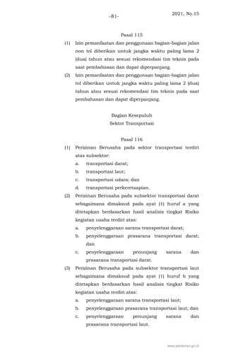 2021, No.15
-81-
Pasal 115
(1) Izin pemanfaatan dan penggunaan bagian-bagian jalan
non tol diberikan untuk jangka waktu paling lama 2
(dua) tahun atau sesuai rekomendasi tim teknis pada
saat pembahasan dan dapat diperpanjang.
(2) Izin pemanfaatan dan penggunaan bagian-bagian jalan
tol diberikan untuk jangka waktu paling lama 2 (dua)
tahun atau sesuai rekomendasi tim teknis pada saat
pembahasan dan dapat diperpanjang.
Bagian Kesepuluh
Sektor Transportasi
Pasal 116
(1) Perizinan Berusaha pada sektor transportasi terdiri
atas subsektor:
a. transportasi darat;
b. transportasi laut;
c. transportasi udara; dan
d. transportasi perkeretaapian.
(2) Perizinan Berusaha pada subsektor transportasi darat
sebagaimana dimaksud pada ayat (1) huruf a yang
ditetapkan berdasarkan hasil analisis tingkat Risiko
kegiatan usaha terdiri atas:
a. penyelenggaraan sarana transportasi darat;
b. penyelenggaraan prasarana transportasi darat;
dan
c. penyelenggaraan penunjang sarana dan
prasarana transportasi darat.
(3) Perizinan Berusaha pada subsektor transportasi laut
sebagaimana dimaksud pada ayat (1) huruf b yang
ditetapkan berdasarkan hasil analisis tingkat Risiko
kegiatan usaha terdiri atas:
a. penyelenggaraan sarana transportasi laut;
b. penyelenggaraan prasarana transportasi laut; dan
c. penyelenggaraan penunjang sarana dan
prasarana transportasi laut.
www.peraturan.go.id
 
