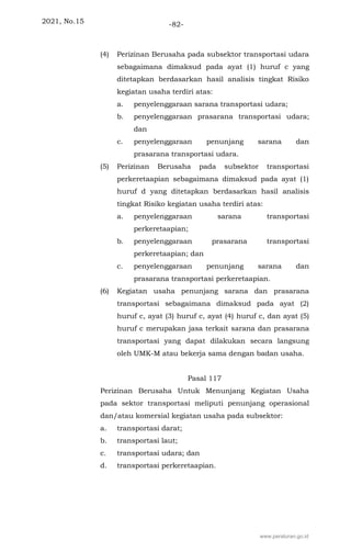 2021, No.15 -82-
(4) Perizinan Berusaha pada subsektor transportasi udara
sebagaimana dimaksud pada ayat (1) huruf c yang
ditetapkan berdasarkan hasil analisis tingkat Risiko
kegiatan usaha terdiri atas:
a. penyelenggaraan sarana transportasi udara;
b. penyelenggaraan prasarana transportasi udara;
dan
c. penyelenggaraan penunjang sarana dan
prasarana transportasi udara.
(5) Perizinan Berusaha pada subsektor transportasi
perkeretaapian sebagaimana dimaksud pada ayat (1)
huruf d yang ditetapkan berdasarkan hasil analisis
tingkat Risiko kegiatan usaha terdiri atas:
a. penyelenggaraan sarana transportasi
perkeretaapian;
b. penyelenggaraan prasarana transportasi
perkeretaapian; dan
c. penyelenggaraan penunjang sarana dan
prasarana transportasi perkeretaapian.
(6) Kegiatan usaha penunjang sarana dan prasarana
transportasi sebagaimana dimaksud pada ayat (2)
huruf c, ayat (3) huruf c, ayat (4) huruf c, dan ayat (5)
huruf c merupakan jasa terkait sarana dan prasarana
transportasi yang dapat dilakukan secara langsung
oleh UMK-M atau bekerja sama dengan badan usaha.
Pasal 117
Perizinan Berusaha Untuk Menunjang Kegiatan Usaha
pada sektor transportasi meliputi penunjang operasional
dan/atau komersial kegiatan usaha pada subsektor:
a. transportasi darat;
b. transportasi laut;
c. transportasi udara; dan
d. transportasi perkeretaapian.
www.peraturan.go.id
 