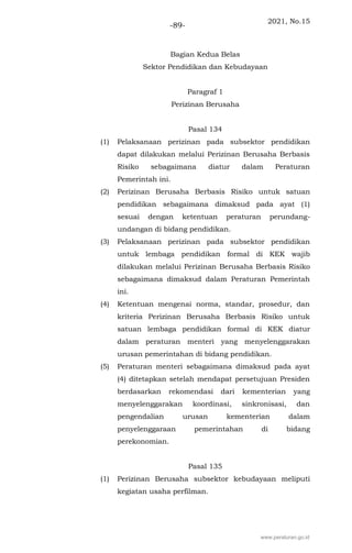 2021, No.15
-89-
Bagian Kedua Belas
Sektor Pendidikan dan Kebudayaan
Paragraf 1
Perizinan Berusaha
Pasal 134
(1) Pelaksanaan perizinan pada subsektor pendidikan
dapat dilakukan melalui Perizinan Berusaha Berbasis
Risiko sebagaimana diatur dalam Peraturan
Pemerintah ini.
(2) Perizinan Berusaha Berbasis Risiko untuk satuan
pendidikan sebagaimana dimaksud pada ayat (1)
sesuai dengan ketentuan peraturan perundang-
undangan di bidang pendidikan.
(3) Pelaksanaan perizinan pada subsektor pendidikan
untuk lembaga pendidikan formal di KEK wajib
dilakukan melalui Perizinan Berusaha Berbasis Risiko
sebagaimana dimaksud dalam Peraturan Pemerintah
ini.
(4) Ketentuan mengenai norma, standar, prosedur, dan
kriteria Perizinan Berusaha Berbasis Risiko untuk
satuan lembaga pendidikan formal di KEK diatur
dalam peraturan menteri yang menyelenggarakan
urusan pemerintahan di bidang pendidikan.
(5) Peraturan menteri sebagaimana dimaksud pada ayat
(4) ditetapkan setelah mendapat persetujuan Presiden
berdasarkan rekomendasi dari kementerian yang
menyelenggarakan koordinasi, sinkronisasi, dan
pengendalian urusan kementerian dalam
penyelenggaraan pemerintahan di bidang
perekonomian.
Pasal 135
(1) Perizinan Berusaha subsektor kebudayaan meliputi
kegiatan usaha perfilman.
www.peraturan.go.id
 