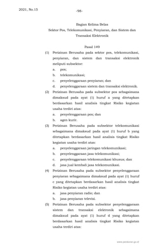 2021, No.15 -98-
Bagian Kelima Belas
Sektor Pos, Telekomunikasi, Penyiaran, dan Sistem dan
Transaksi Elektronik
Pasal 149
(1) Perizinan Berusaha pada sektor pos, telekomunikasi,
penyiaran, dan sistem dan transaksi elektronik
meliputi subsektor:
a. pos;
b. telekomunikasi;
c. penyelenggaraan penyiaran; dan
d. penyelenggaraan sistem dan transaksi elektronik.
(2) Perizinan Berusaha pada subsektor pos sebagaimana
dimaksud pada ayat (1) huruf a yang ditetapkan
berdasarkan hasil analisis tingkat Risiko kegiatan
usaha terdiri atas:
a. penyelenggaraan pos; dan
b. agen kurir.
(3) Perizinan Berusaha pada subsektor telekomunikasi
sebagaimana dimaksud pada ayat (1) huruf b yang
ditetapkan berdasarkan hasil analisis tingkat Risiko
kegiatan usaha terdiri atas:
a. penyelenggaraan jaringan telekomunikasi;
b. penyelenggaraan jasa telekomunikasi;
c. penyelenggaraan telekomunikasi khusus; dan
d. jasa jual kembali jasa telekomunikasi.
(4) Perizinan Berusaha pada subsektor penyelenggaraan
penyiaran sebagaimana dimaksud pada ayat (1) huruf
c yang ditetapkan berdasarkan hasil analisis tingkat
Risiko kegiatan usaha terdiri atas:
a. jasa penyiaran radio; dan
b. jasa penyiaran televisi.
(5) Perizinan Berusaha pada subsektor penyelenggaraan
sistem dan transaksi elektronik sebagaimana
dimaksud pada ayat (1) huruf d yang ditetapkan
berdasarkan hasil analisis tingkat Risiko kegiatan
usaha terdiri atas:
www.peraturan.go.id
 