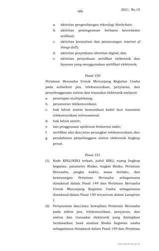 2021, No.15
-99-
a. aktivitas pengembangan teknologi blockchain;
b. aktivitas pemrograman berbasis kecerdasan
artifisial;
c. aktivitas konsultasi dan perancangan internet of
things (IoT);
d. aktivitas penyediaan identitas digital; dan
e. aktivitas penyediaan sertifikat elektronik dan
layanan yang menggunakan sertifikat elektronik.
Pasal 150
Perizinan Berusaha Untuk Menunjang Kegiatan Usaha
pada subsektor pos, telekomunikasi, penyiaran, dan
penyelenggaraan sistem dan transaksi elektronik meliputi:
a. penetapan multipleksing;
b. penomoran telekomunikasi;
c. hak labuh sistem komunikasi kabel laut transmisi
telekomunikasi internasional;
d. hak labuh satelit;
e. izin penggunaan spektrum frekuensi radio;
f. sertifikat alat dan/atau perangkat telekomunikasi; dan
g. pendaftaran penyelenggara sistem elektronik lingkup
privat.
Pasal 151
(1) Kode KBLI/KBLI terkait, judul KBLI, ruang lingkup
kegiatan, parameter Risiko, tingkat Risiko, Perizinan
Berusaha, jangka waktu, masa berlaku, dan
kewenangan Perizinan Berusaha sebagaimana
dimaksud dalam Pasal 149 dan Perizinan Berusaha
Untuk Menunjang Kegiatan Usaha sebagaimana
dimaksud dalam Pasal 150 tercantum dalam Lampiran
I.
(2) Persyaratan dan/atau kewajiban Perizinan Berusaha
pada sektor pos, telekomunikasi, penyiaran, dan
sistem dan transaksi elektronik yang ditetapkan
berdasarkan hasil analisis Risiko kegiatan usaha
sebagaimana dimaksud dalam Pasal 149 dan Perizinan
www.peraturan.go.id
 