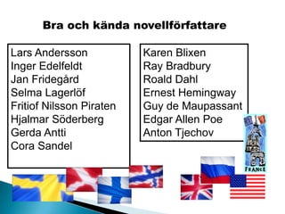 Bra och kända novellförfattare
Lars Andersson
Inger Edelfeldt
Jan Fridegård
Selma Lagerlöf
Fritiof Nilsson Piraten
Hjalmar Söderberg
Gerda Antti
Cora Sandel
Karen Blixen
Ray Bradbury
Roald Dahl
Ernest Hemingway
Guy de Maupassant
Edgar Allen Poe
Anton Tjechov
 