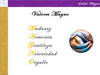 Valores Magno

Madurez
Armonía
Gentileza
Notoriedad
Orgullo

 