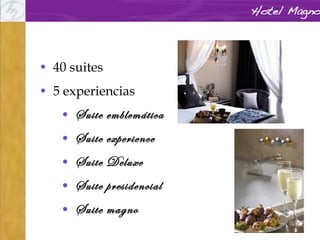 • 40 suites
• 5 experiencias

• Suite emblemática
• Suite experience
• Suite Deluxe
• Suite presidencial
• Suite magno
4

 