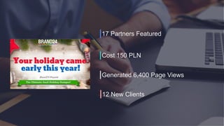 17 Partners Featured
Cost 150 PLN
Generated 6,400 Page Views
12 New Clients
 