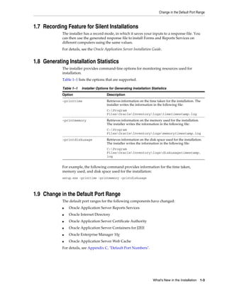 Change in the Default Port Range
What's New in the Installation 1-3
1.7 Recording Feature for Silent Installations
The installer has a record mode, in which it saves your inputs to a response file. You
can then use the generated response file to install Forms and Reports Services on
different computers using the same values.
For details, see the Oracle Application Server Installation Guide.
1.8 Generating Installation Statistics
The installer provides command-line options for monitoring resources used for
installation.
Table 1–1 lists the options that are supported.
For example, the following command provides information for the time taken,
memory used, and disk space used for the installation:
setup.exe -printtime -printmemory -printdiskusage
1.9 Change in the Default Port Range
The default port ranges for the following components have changed:
■ Oracle Application Server Reports Services
■ Oracle Internet Directory
■ Oracle Application Server Certificate Authority
■ Oracle Application Server Containers for J2EE
■ Oracle Enterprise Manager 10g
■ Oracle Application Server Web Cache
For details, see Appendix C, "Default Port Numbers".
Table 1–1 Installer Options for Generating Installation Statistics
Option Description
-printtime Retrieves information on the time taken for the installation. The
installer writes the information in the following file:
C:Program
FilesOracleInventorylogstimetimestamp.log
-printmemory Retrieves information on the memory used for the installation.
The installer writes the information in the following file:
C:Program
FilesOracleInventorylogsmemorytimestamp.log
-printdiskusage Retrieves information on the disk space used for the installation.
The installer writes the information in the following file:
C:Program
FilesOracleInventorylogsdiskusagetimestamp.
log
 
