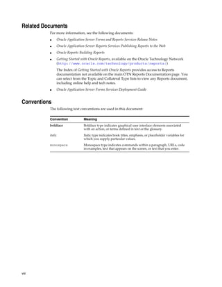 viii
Related Documents
For more information, see the following documents:
■ Oracle Application Server Forms and Reports Services Release Notes
■ Oracle Application Server Reports Services Publishing Reports to the Web
■ Oracle Reports Building Reports
■ Getting Started with Oracle Reports, available on the Oracle Technology Network
(http://www.oracle.com/technology/products/reports/)
The Index of Getting Started with Oracle Reports provides access to Reports
documentation not available on the main OTN Reports Documentation page. You
can select from the Topic and Collateral Type lists to view any Reports document,
including online help and tech notes.
■ Oracle Application Server Forms Services Deployment Guide
Conventions
The following text conventions are used in this document:
Convention Meaning
boldface Boldface type indicates graphical user interface elements associated
with an action, or terms defined in text or the glossary.
italic Italic type indicates book titles, emphasis, or placeholder variables for
which you supply particular values.
monospace Monospace type indicates commands within a paragraph, URLs, code
in examples, text that appears on the screen, or text that you enter.
 