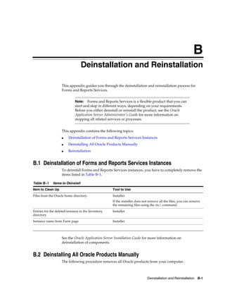 Deinstallation and Reinstallation B-1
B
Deinstallation and Reinstallation
This appendix guides you through the deinstallation and reinstallation process for
Forms and Reports Services.
This appendix contains the following topics:
■ Deinstallation of Forms and Reports Services Instances
■ Deinstalling All Oracle Products Manually
■ Reinstallation
B.1 Deinstallation of Forms and Reports Services Instances
To deinstall Forms and Reports Services instances, you have to completely remove the
items listed in Table B–1.
See the Oracle Application Server Installation Guide for more information on
deinstallation of components.
B.2 Deinstalling All Oracle Products Manually
The following procedure removes all Oracle products from your computer.
Note: Forms and Reports Services is a flexible product that you can
start and stop in different ways, depending on your requirements.
Before you either deinstall or reinstall the product, see the Oracle
Application Server Administrator's Guide for more information on
stopping all related services or processes.
Table B–1 Items to Deinstall
Item to Clean Up Tool to Use
Files from the Oracle home directory Installer
If the installer does not remove all the files, you can remove
the remaining files using the del command.
Entries for the deleted instance in the Inventory
directory
Installer
Instance name from Farm page Installer
 