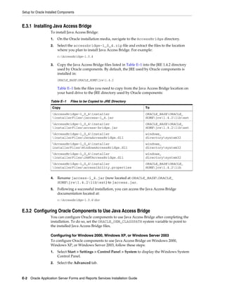 Setup for Oracle Installed Components
E-2 Oracle Application Server Forms and Reports Services Installation Guide
E.3.1 Installing Java Access Bridge
To install Java Access Bridge:
1. On the Oracle installation media, navigate to the AccessBridge directory.
2. Select the accessbridge-1_0_4.zip file and extract the files to the location
where you plan to install Java Access Bridge. For example:
c:AccessBridge-1.0.4
3. Copy the Java Access Bridge files listed in Table E–1 into the JRE 1.4.2 directory
used by Oracle components. By default, the JRE used by Oracle components is
installed in:
ORACLE_BASEORACLE_HOMEjre1.4.2
Table E–1 lists the files you need to copy from the Java Access Bridge location on
your hard drive to the JRE directory used by Oracle components:
4. Rename jaccess-1_4.jar (now located at ORACLE_BASEORACLE_
HOMEjre1.4.2libext) to jaccess.jar.
5. Following a successful installation, you can access the Java Access Bridge
documentation located at:
c:AccessBridge-1.0.4doc
E.3.2 Configuring Oracle Components to Use Java Access Bridge
You can configure Oracle components to use Java Access Bridge after completing the
installation. To do so, set the ORACLE_OEM_CLASSPATH system variable to point to
the installed Java Access Bridge files.
Configuring for Windows 2000, Windows XP, or Windows Server 2003
To configure Oracle components to use Java Access Bridge on Windows 2000,
Windows XP, or Windows Server 2003, follow these steps:
1. Select Start > Settings > Control Panel > System to display the Windows System
Control Panel.
2. Select the Advanced tab.
Table E–1 Files to be Copied to JRE Directory
Copy To
AccessBridge-1_0_4installer
installerFilesjaccess-1_4.jar
ORACLE_BASEORACLE_
HOMEjre1.4.2libext
AccessBridge-1_0_4installer
installerFilesaccess-bridge.jar
ORACLE_BASEORACLE_
HOMEjre1.4.2libext
AccessBridge-1_0_4installer
installerFilesJavaAccessBridge.dll
windows_
directorysystem32
AccessBridge-1_0_4installer
installerFilesWindowsAccessBridge.dll
windows_
directorysystem32
AccessBridge-1_0_4installer
installerFilesJAWTAccessBridge.dll
windows_
directorysystem32
AccessBridge-1_0_4installer
installerFilesaccessibility.properties
ORACLE_BASEORACLE_
HOMEjre1.4.2lib
 