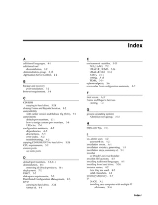 Index-1
Index
A
additional languages, 4-1
additional tool
desinstallation, 1-2
Administrators group, 3-13
Application Server Control, 2-2
B
backup and recovery
post-installation, 7-2
browser requirement, 3-4
C
CD-ROM
copying to hard drive, 3-24
cloning Forms and Reports Services, 1-2
compatibility
with earlier version and Release 10g (9.0.4), 9-1
components
default port numbers, C-1
how to assign custom port numbers, 3-8
URLs for, D-1
configuration assistants, A-2
dependencies, A-3
descriptions, A-5
error codes, A-2
troubleshooting, A-2
copying CD-ROM/DVD to hard drive, 3-24
CPU requirements, 3-2
custom ports
see static ports
D
default port numbers, 3-8, C-1
deinstallation, B-1
removing all Oracle products, B-1
deployment, 7-2
DHCP, 3-2
disk space requirements, 3-3
Distributed Configuration Management, 2-3
DVD
copying to hard drive, 3-24
format of, 4-4
E
environment variables, 3-13
NLS_LANG, 7-2
ORACLE_HOME, 3-14
ORACLE_SID, 3-14
PATH, 3-14
setting, 3-13
TEMP, 3-14
ephemeral ports, 3-6
error codes from configuration assistants, A-2
F
fatal errors, A-3
Forms and Reports Services
cloning, 1-2
G
groups (operating system)
Administrators group, 3-13
H
httpd.conf file, 3-11
I
ias_admin user, 4-2
password for, 4-2
installation errors, A-1
installation statistics, generating, 1-3
installation steps, summary of, 5-1
installer
see Oracle Universal Installer
installer file locations, 4-3
installing additional languages, 4-1
installing from hard drive, 3-24
instance names, 4-2
how they are used, 4-2
valid characters, 4-2
inventory directory, 4-3
IP
DHCP, 3-2
installing on a computer with multiple IP
addresses, 3-16
 