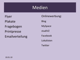 Medien Flyer Plakate Fragebogen Printpresse Emailverteilung Onlinewerbung: Blog MySpace studiVZ Facebook Lokalisten Twitter 