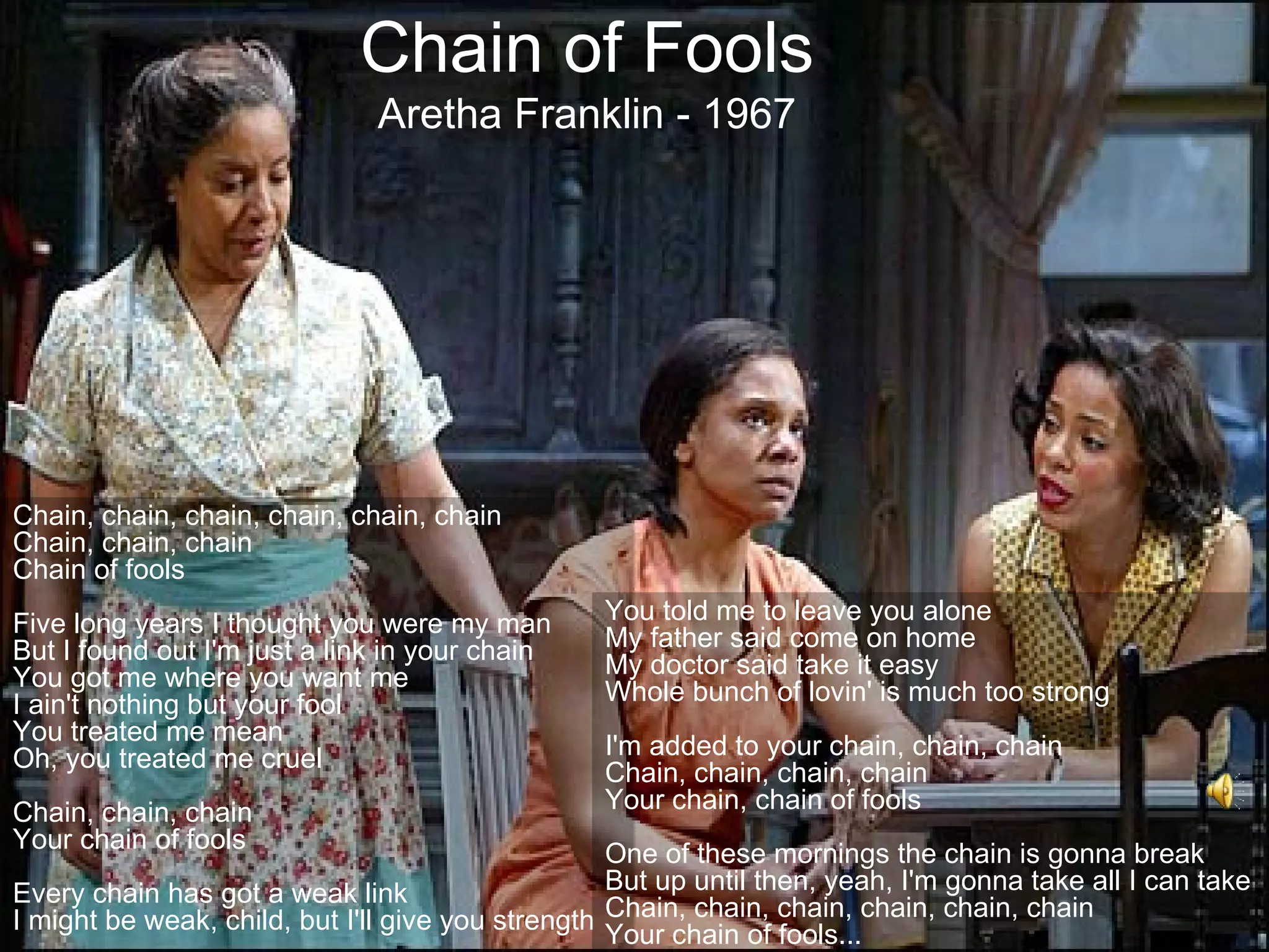Chain of Fools
                              Aretha Franklin - 1967




Chain, chain, chain, chain, chain, chain
Chain, chain, chain
Chain of fools
Five long years I thought you were my man         You told me to leave you alone
But I found out I'm just a link in your chain     My father said come on home
You got me where you want me                      My doctor said take it easy
I ain't nothing but your fool                     Whole bunch of lovin' is much too strong
You treated me mean
Oh, you treated me cruel                          I'm added to your chain, chain, chain
                                                  Chain, chain, chain, chain
Chain, chain, chain                               Your chain, chain of fools
Your chain of fools
                                                   One of these mornings the chain is gonna break
Every chain has got a weak link                    But up until then, yeah, I'm gonna take all I can take
I might be weak, child, but I'll give you strength Chain, chain, chain, chain, chain, chain
                                                   Your chain of fools...
 