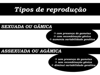 Tipos de reprodução

SEXUADA OU GÂMICA
                    com presença de gametas
                    com recombinação gênica
                 aumenta variabilidade genética



ASSEXUADA OU AGÂMICA
                    sem presença de gametas
                    sem recombinação gênica
                  diminui variabilidade genética
 
