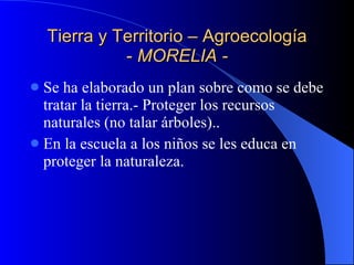 Tierra y Territorio – Agroecología -  MORELIA - Se ha elaborado un plan sobre como se debe tratar la tierra.- Proteger los recursos naturales (no talar árboles).. En la escuela a los niños se les educa en proteger la naturaleza. 