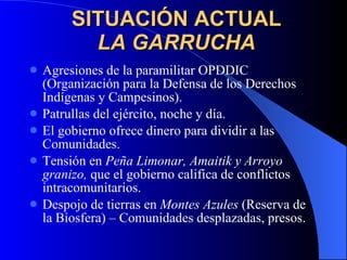 SITUACIÓN ACTUAL LA GARRUCHA Agresiones de la paramilitar OPDDIC (Organización para la Defensa de los Derechos Indígenas y Campesinos). Patrullas del ejército, noche y día. El gobierno ofrece dinero para dividir a las Comunidades. Tensión en  Peña Limonar,   Amaitik y Arroyo granizo,  que el gobierno califica de conflictos intracomunitarios. Despojo de tierras en  Montes Azules  (Reserva de la Biosfera) – Comunidades desplazadas, presos. 