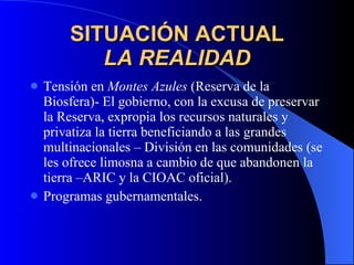 SITUACIÓN ACTUAL LA REALIDAD Tensión en  Montes Azules  (Reserva de la Biosfera)- El gobierno, con la excusa de preservar la Reserva, expropia los recursos naturales y privatiza la tierra beneficiando a las grandes multinacionales – División en las comunidades (se les ofrece limosna a cambio de que abandonen la tierra –ARIC y la CIOAC oficial). Programas gubernamentales. 
