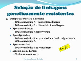 Seleção de linhagens
 geneticamente resistentes
 Exemplo das Moscas e o Inseticida
        10 Moscas do tipo A – Resistentes ao Baygon
        10 Moscas do tipo B – Não resistentes ao Baygon
      Após uso de Baygon
        10 Moscas do tipo A sobreviveram
      Após alguns dias:
        10 Moscas do tipo A se reproduziram, dando origem a mais
         20 Moscas do tipo A.
      Após outros dias:
        30 Moscas do tipo A se reproduzem
      Mais um uso de Baygon
        Nenhuma mosca morre.

                 Prof. Albano Novaes - Evolução                     16
 