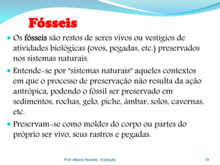 Fósseis
 Os fósseis são restos de seres vivos ou vestígios de
  atividades biológicas (ovos, pegadas, etc.) preservados
  nos sistemas naturais.
 Entende-se por "sistemas naturais" aqueles contextos
  em que o processo de preservação não resulta da ação
  antrópica, podendo o fóssil ser preservado em
  sedimentos, rochas, gelo, piche, âmbar, solos, cavernas,
  etc.
 Preservam-se como moldes do corpo ou partes do
  próprio ser vivo, seus rastros e pegadas.

                 Prof. Albano Novaes - Evolução              18
 