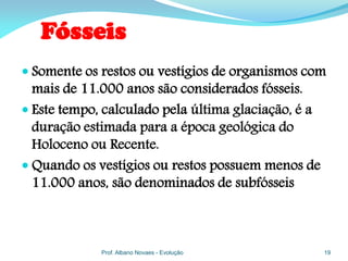 Fósseis
 Somente os restos ou vestígios de organismos com
  mais de 11.000 anos são considerados fósseis.
 Este tempo, calculado pela última glaciação, é a
  duração estimada para a época geológica do
  Holoceno ou Recente.
 Quando os vestígios ou restos possuem menos de
  11.000 anos, são denominados de subfósseis



             Prof. Albano Novaes - Evolução          19
 