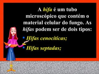 A  hifa  é um tubo microscópico que contém o material celular do fungo. As  hifas  podem ser de dois tipos: Hifas cenocíticas; Hifas septadas; 